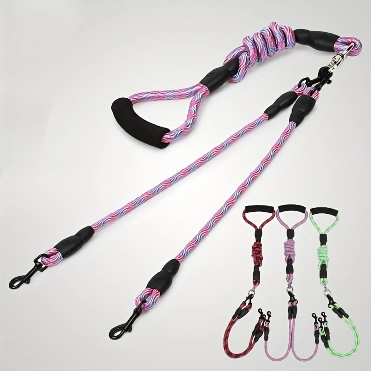 Pet dual head dog walking rope with wavy pattern, one drag two