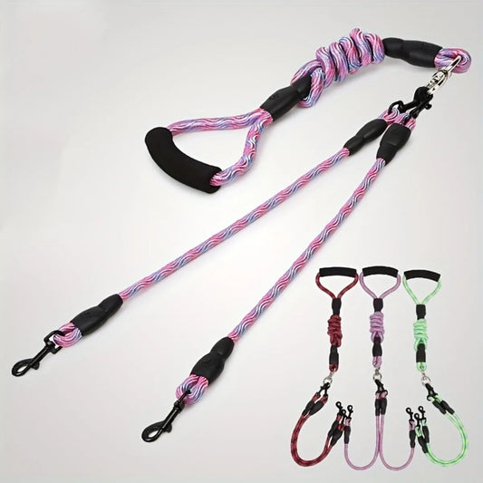 Pet dual head dog walking rope with wavy pattern, one drag two