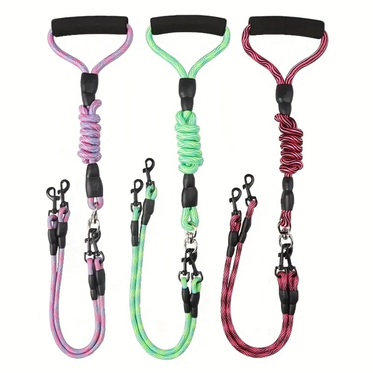 Pet dual head dog walking rope with wavy pattern, one drag two